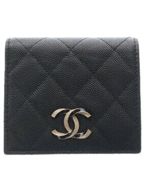 Chanel Quilted Bifold Wallet Card Case Compact Black Caviar Leather Gold